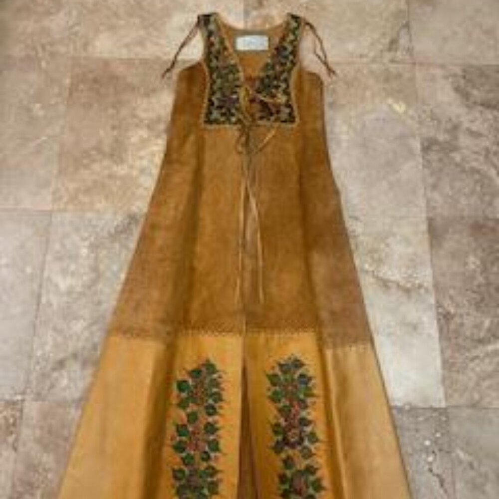 70s Char Leather & Suede Hand Painted Floral Vest Hippie Boho Bohemian Woodstock